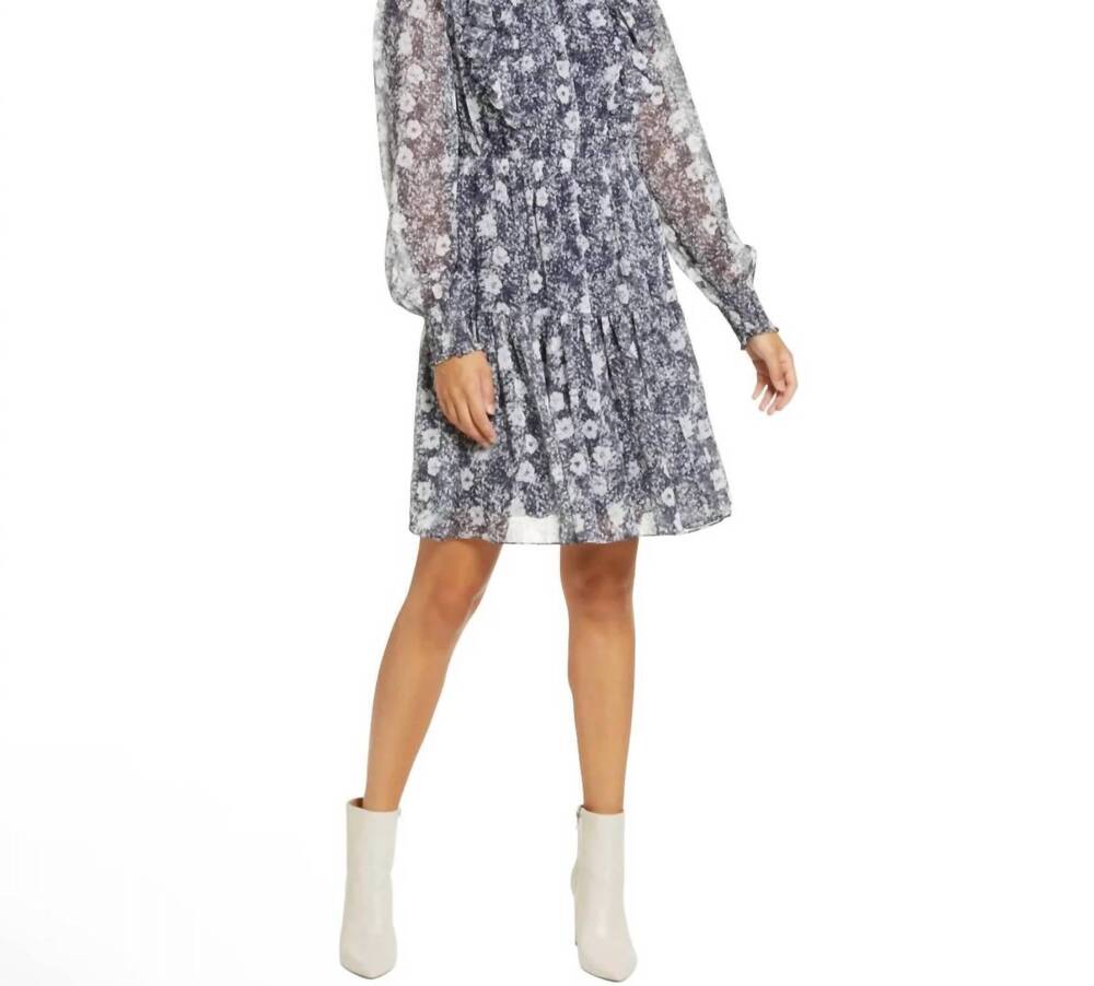 NEW RACHEL PARCELL ruffle tiered floral long sleeve mini dress in navy blue and